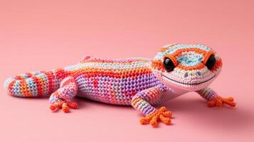 AI generated Crocheted gecko toy vibrant backdrop, handcrafted and adorable, Ai Generated photo