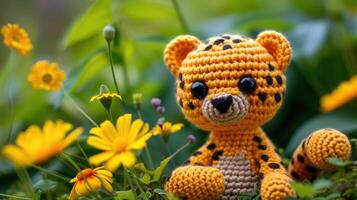 AI generated Crocheted cheetah toy vibrant backdrop, handcrafted and adorable, Ai Generated photo