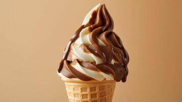 AI generated Melting ice cream cone adorned with a swirl of chocolate and caramel, Ai Generated photo