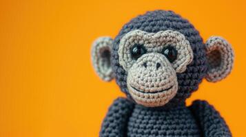 ai generado tejido a ganchillo chimpancé juguete vibrante fondo, hecho a mano y adorable, ai generado foto