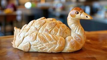 AI generated Unique bread loaf resembling an ostrich resting on a wooden table, Ai Generated photo