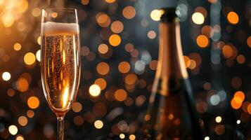 AI generated Festive glass of champagne and bottle on a bokeh backdrop, Ai Generated. photo