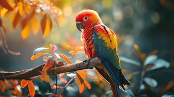 AI generated Colorful parrot perches gracefully on a branch, its vibrant plumage a sight to behold, Ai Generated. photo