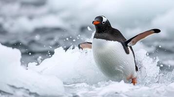 AI generated Playful penguin slides gracefully on the ice, enjoying a moment of icy delight, Ai Generated. photo