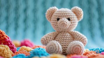 AI generated Crocheted bear toy vibrant backdrop, handcrafted and adorable, Ai Generated photo