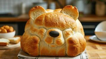 AI generated Unique bread loaf resembling an bear resting on a wooden table, Ai Generated photo