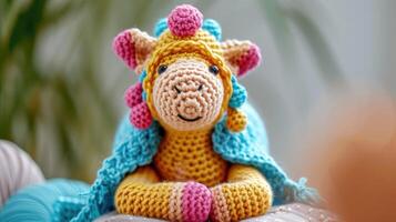 AI generated Crocheted camel toy vibrant backdrop, handcrafted and adorable, Ai Generated photo