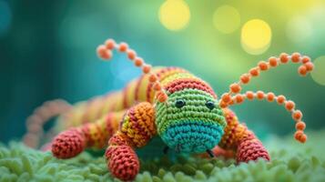 AI generated Crocheted centipede toy vibrant backdrop, handcrafted and adorable, Ai Generated photo