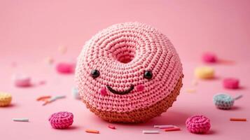 AI generated Crocheted donut toy vibrant backdrop, handcrafted and adorable, Ai Generated photo