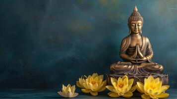 AI generated Gold Buddha statue and yellow lotus flowers on a dark backdrop, Ai Generated. photo
