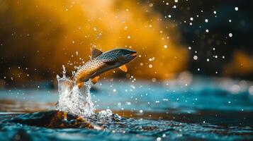 ai generado energético pescado saltos fuera de el agua, atrapado aire en un dinámica saltar, ai generado. foto