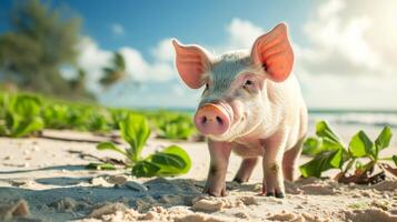 AI generated Content pig lounges on the beach, lush green plants framing the serene scene, Ai Generated. photo