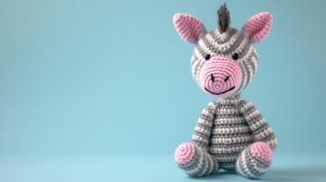AI generated Crocheted zebra toy vibrant backdrop, handcrafted and adorable, Ai Generated photo