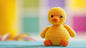 AI generated Crocheted duck toy vibrant backdrop, handcrafted and adorable, Ai Generated photo