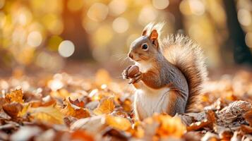 AI generated Busy squirrel holds a nut, surrounded by the vibrant hues of the autumn forest, Ai Generated. photo