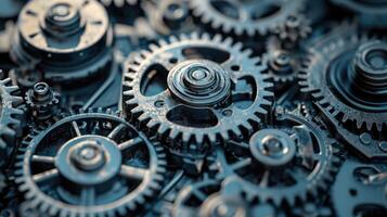 AI generated Precision close-up of interlocking gears system showcasing mechanical intricacy. Ai Generated photo