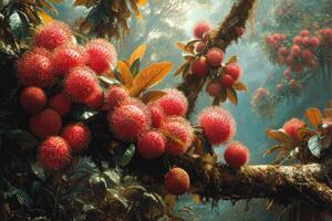 AI generated Exotic rambutan tree adorned with vibrant clusters, a tropical spectacle unfolds, Ai Generated. photo