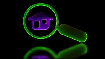 looping neon gloed effect huis zoeken icoon, zwart achtergrond video