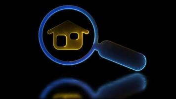 Looping neon glow effect home search icon, black background video