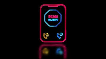 Looping neon glow effect mobile screen icon, beware of spam, scammers, black background video