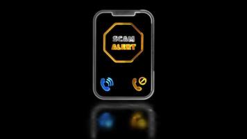 Looping neon glow effect mobile screen icon, beware of spam, scammers, black background video