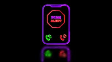 Looping neon glow effect mobile screen icon, beware of spam, scammers, black background video