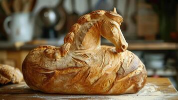 ai generado único un pan pan parecido a un caballo descansando en un de madera mesa, ai generado foto