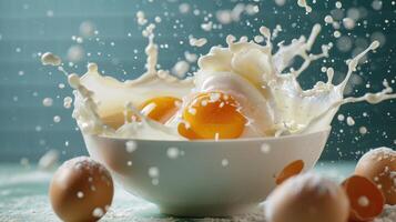 AI generated Eggs in a bowl splashed with milk and ingredients, ready for cooking, Ai Generated photo