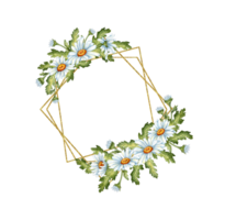 Watercolor illustration of a golden geometric wreath of white daisies and green leaves. Isolated composition of meadow flowers for weddings, posters, cards, banners, flyers, covers, placards png