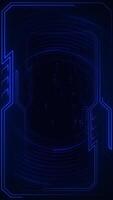 Vertical video - futuristic technology background with blue glowing neon circles and blinking digital data lights and neon tech border. Computer network server concept. Full HD and looping animation.