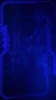 Vertical video - futuristic glowing blue network of blinking digital data lights and particles with neon tech border. Global data network and connections concept technology background animation.