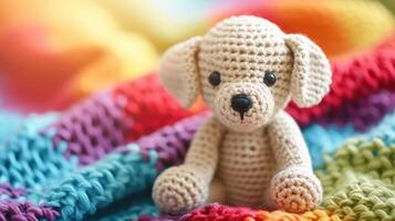 AI generated Crocheted dog toy vibrant backdrop, handcrafted and adorable, Ai Generated photo