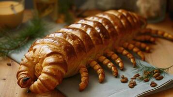 AI generated Unique bread loaf resembling an centipede resting on a wooden table, Ai Generated photo