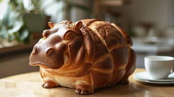 AI generated Unique bread loaf resembling an hippopotamus resting on a wooden table, Ai Generated photo