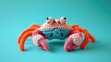 AI generated Crocheted crab toy vibrant backdrop, handcrafted and adorable, Ai Generated photo