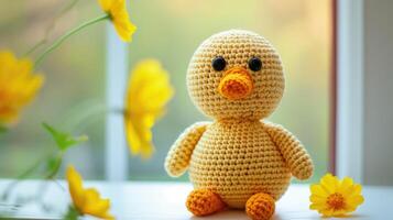 AI generated Crocheted duck toy vibrant backdrop, handcrafted and adorable, Ai Generated photo