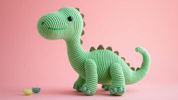AI generated Crocheted dinosaur toy vibrant backdrop, handcrafted and adorable, Ai Generated photo