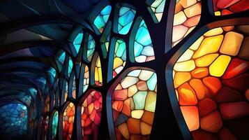 AI generated Vivid colors of stained glass mosaic window form a captivating geometric pattern, Ai Generated. photo