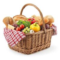 ai generado tejido picnic cesta con comida aislado en blanco antecedentes para al aire libre temas, ai generado. foto