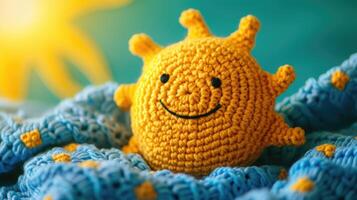 AI generated Crocheted sun toy vibrant backdrop, handcrafted and adorable, Ai Generated photo