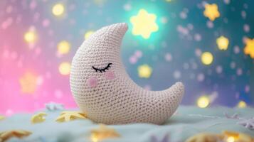 AI generated Crocheted moon toy vibrant backdrop, handcrafted and adorable, Ai Generated photo