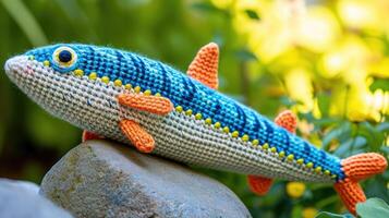 AI generated Crocheted mackerel toy vibrant backdrop, handcrafted and adorable, Ai Generated photo