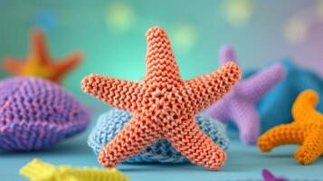 AI generated Crocheted starfish toy vibrant backdrop, handcrafted and adorable, Ai Generated photo