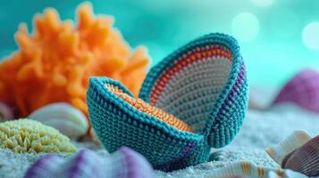 AI generated Crocheted mussel toy vibrant backdrop, handcrafted and adorable, Ai Generated photo