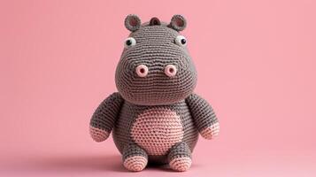AI generated Crocheted hippopotamus toy vibrant backdrop, handcrafted and adorable, Ai Generated photo