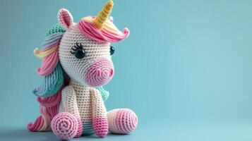 AI generated Crocheted unicorn toy vibrant backdrop, handcrafted and adorable, Ai Generated photo