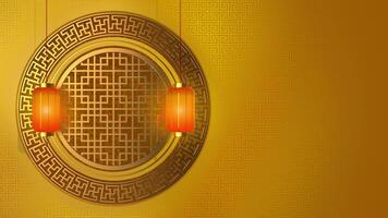 CHINESE LUNAR NEW YEAR ABSTRACT BACKGROUND WITH ORIENTAL YELLOW AND GOLD ROUND WINDOW AND ROTATING LANTERNS LOOP ANIMATION video