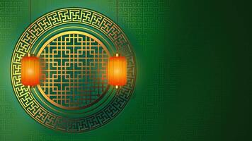 CHINESE LUNAR NEW YEAR ABSTRACT BACKGROUND WITH ORIENTAL GREEN AND GOLD ROUND WINDOW AND ROTATING LANTERNS LOOP ANIMATION video