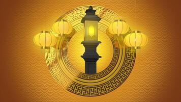 CHINESE LUNAR NEW YEAR ABSTRACT BACKGROUND WITH ORIENTAL YELLOW AND GOLD ROUND ORNAMENT ROTATING LANTERNS STONE GARDEN LAMP LOOP ANIMATION video