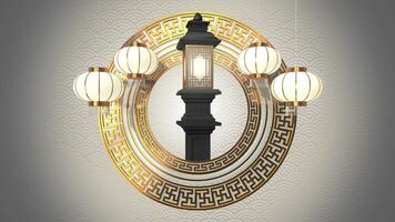 CHINESE LUNAR NEW YEAR ABSTRACT BACKGROUND WITH ORIENTAL WHITE AND GOLD ROUND ORNAMENT ROTATING LANTERNS STONE GARDEN LAMP LOOP ANIMATION video